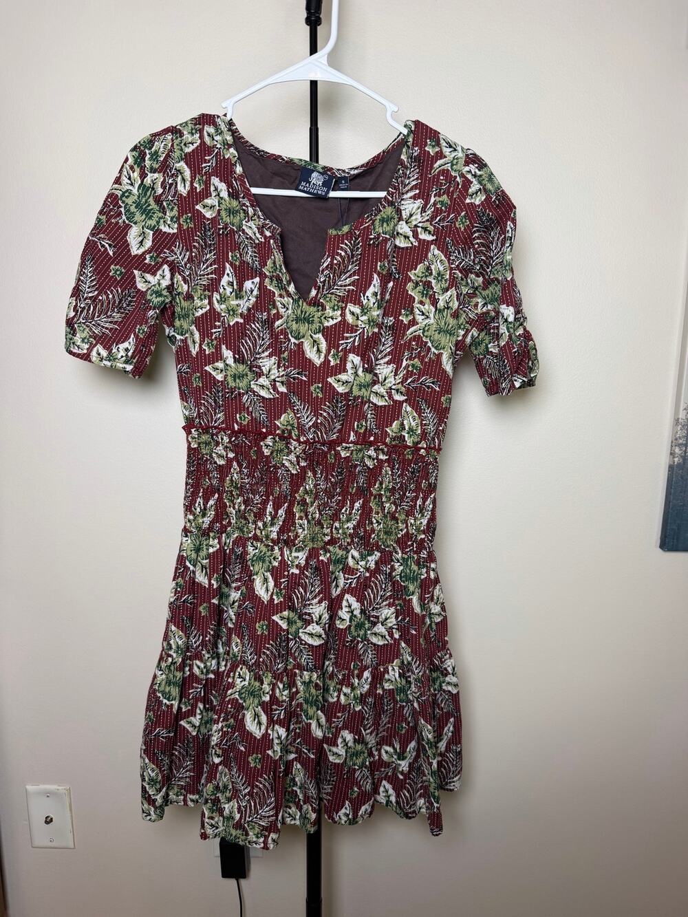 Madison Mathews Maroon Hawaiian Aloha Floral 100% Cotton Lightweight Dress Sz S